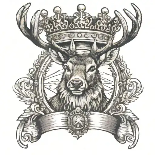 deer head ontop of a crown. With a belt around the crown. Text inside crown says "bydand" tattoo design idea