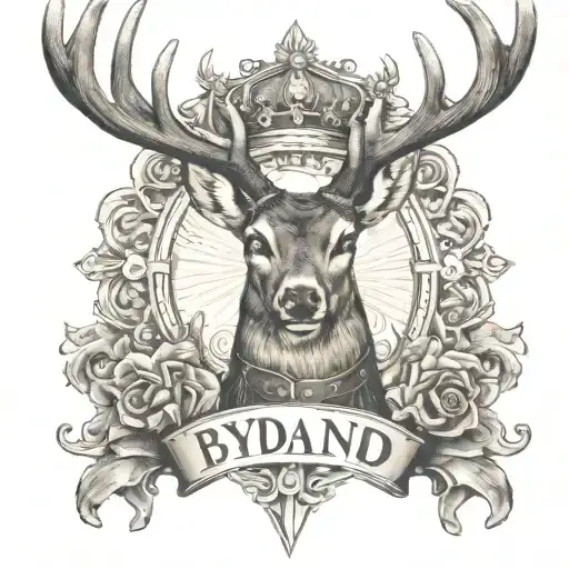 deer head inside crown. With a belt loop around the bottom. Text inside the belt says "bydand" tattoo design idea