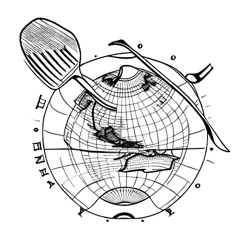 A minimalist tattoo of a world map with a fork and knife crossed over it, symbolizing the love for travel and food tattoo design idea