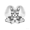 A dotwork design of the cat from 'Coraline' sitting on a stack of psychology books tattoo design idea