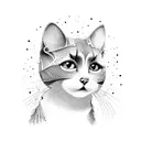 A dotwork design of the cat from 'Coraline' sitting on a stack of psychology books tattoo design idea