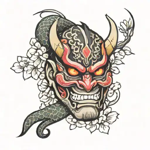 oni mask with snake, katana and sakura blossoms tattoo design idea