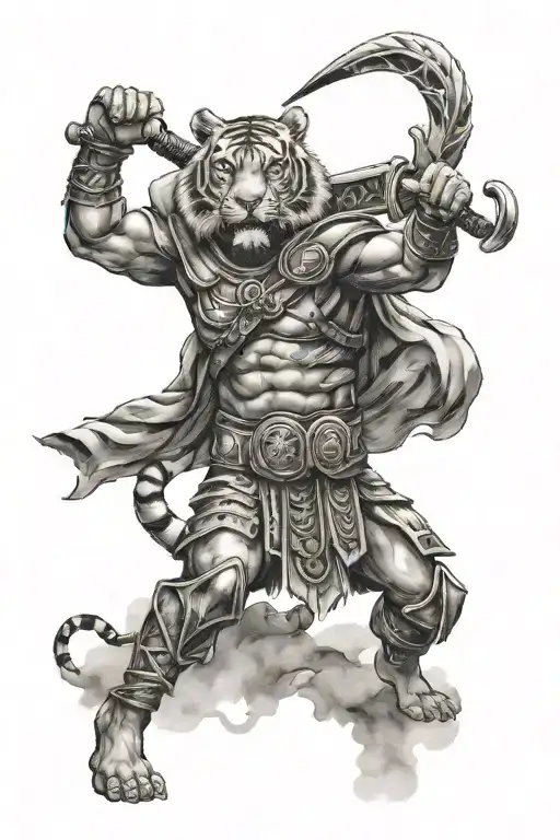 Gladiator holding an tiger walking tattoo design idea