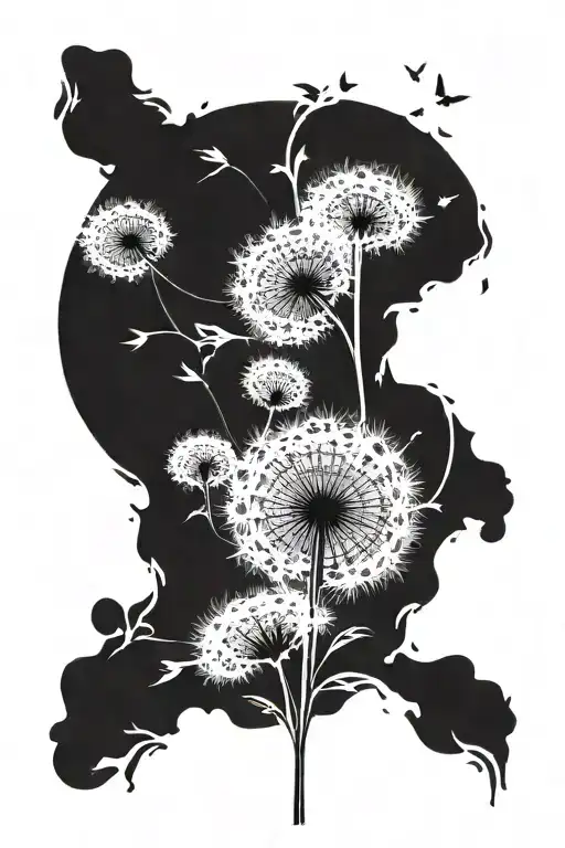 three dandelions: one as the flower, one round with seeds, and one partially blown away - seeds flying up  tattoo design idea