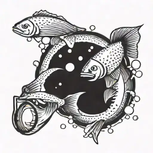 A salmon swimming upstream in a river, with a fishing rod in the background and a light bulb symbolizing electricity, combining your love for fishing, cooking salmon, and your profession as an electrician tattoo design idea