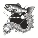 A salmon swimming upstream in a river, with a fishing rod in the background and a light bulb symbolizing electricity, combining your love for fishing, cooking salmon, and your profession as an electrician tattoo design idea