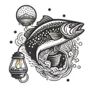 A salmon swimming upstream in a river, with a fishing rod in the background and a light bulb symbolizing electricity, combining your love for fishing, cooking salmon, and your profession as an electrician tattoo design idea