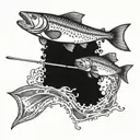 A salmon swimming upstream in a river, with a fishing rod in the background and a light bulb symbolizing electricity, combining your love for fishing, cooking salmon, and your profession as an electrician tattoo design idea