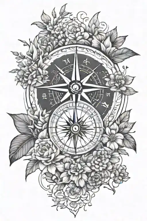 wildlife and mandala and compass and wildflowers combined tattoo design idea
