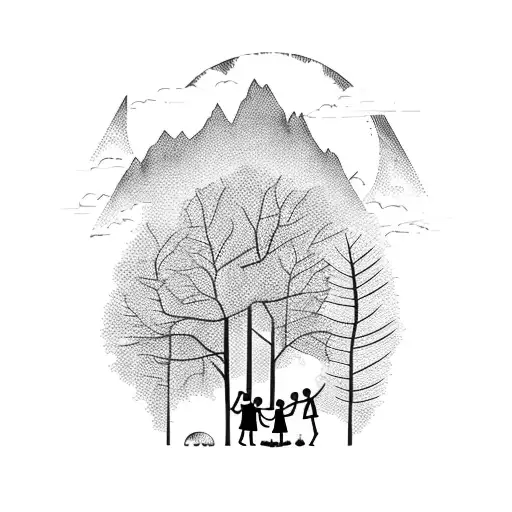 A silhouette of a family holding hands, surrounded by trees and mountains tattoo design idea