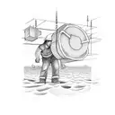 A construction worker lifting a heavy beam, with a sunset over the beach in the background tattoo design idea