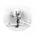 A construction worker lifting a heavy beam, with a sunset over the beach in the background tattoo design idea