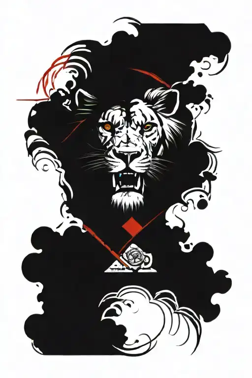 A forearm tattoo with a stylized battle-scarred lion with a red and a yellow eye, a rose, clouds in the background, and  tattoo design idea