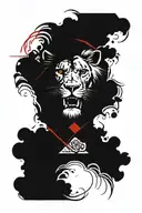 A forearm tattoo with a stylized battle-scarred lion with a red and a yellow eye, a rose, clouds in the background, and  tattoo design idea