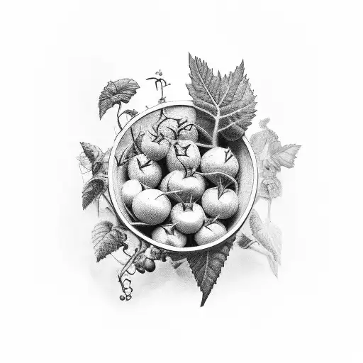 A detailed black and grey tattoo of a garden filled with ripe tomatoes, with a subtle butcher knife hidden among the vines tattoo design idea
