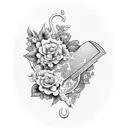 A stylized meat cleaver surrounded by blooming flowers and vines tattoo design idea