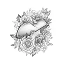 A stylized meat cleaver surrounded by blooming flowers and vines tattoo design idea