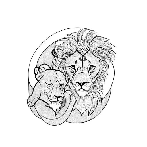 A blackwork tattoo of a lion and a virgin holding hands, symbolizing the bond between Leo and Virgo tattoo design idea