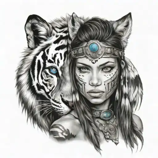 native women woth wolf hood tiger with blue eyes tattoo design idea