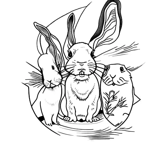 Fine line continuous line tattoo with two rabbits and two guinea pigs. One rabbit is lop, other is dwarf tattoo design idea
