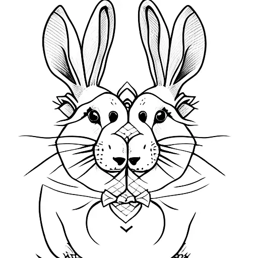 two rabbits and two guinea pigs. continuous line work only. tattoo design idea