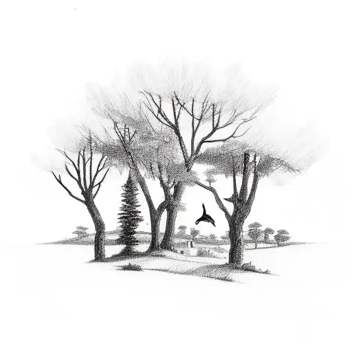 A sketch-style tattoo of a serene countryside landscape of Lebanon, with a silhouette of a cat perched on a tree branch tattoo design idea