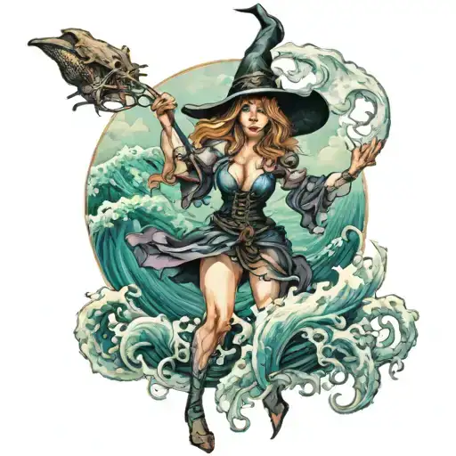 A powerful witch controlling the tides of the ocean tattoo design idea