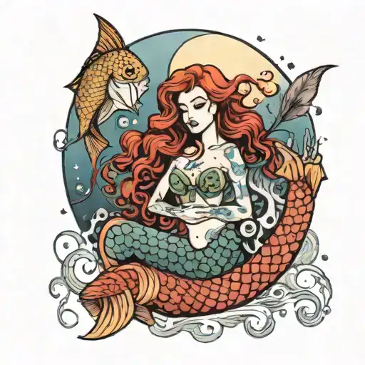 A mystical red haired mermaid casting spells under a full moon with pisces fish tattoo design idea