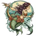 A mystical mermaid casting spells under a Pisces moon in the ocean tattoo design idea