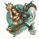 A mystical mermaid casting spells under a Pisces moon in the ocean tattoo design idea