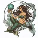 A mystical mermaid casting spells under a Pisces moon in the ocean tattoo design idea