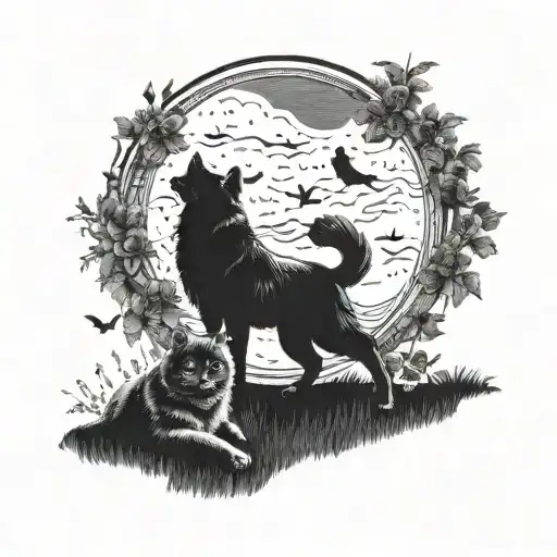 A dark and romantic scene inspired by classic literature, featuring your favorite quote from 'The Man in the Arena', with your 2 kids, 2 black cats, and chow chow included in the design tattoo design idea