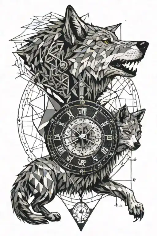 grey wolf and clock tattoo design idea