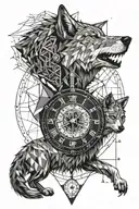 grey wolf and clock tattoo design idea