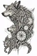 grey wolf and clock tattoo design idea