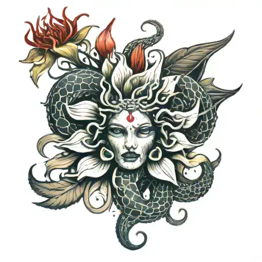 A medusa head intertwined with red spider lily flowers and snakes turning into upper arm tattoo  tattoo design idea