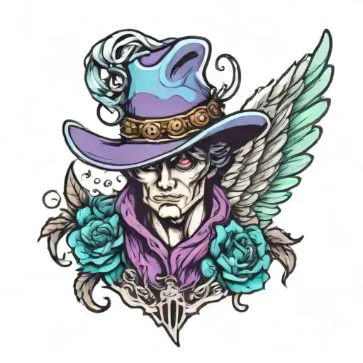 fallen angel with a cowboy hat with teal and purple wings  tattoo design idea