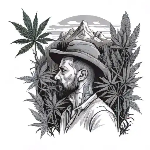 A shop owner standing in a field of marijuana plants with mountains in the background tattoo design idea