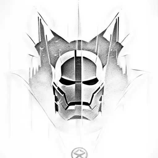 generate tatoo of batman with ironman mask, witcher swords on back and sniper tattoo design idea