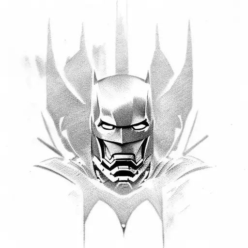 generate tatoo of batman with ironman head, witcher swords on back tattoo design idea