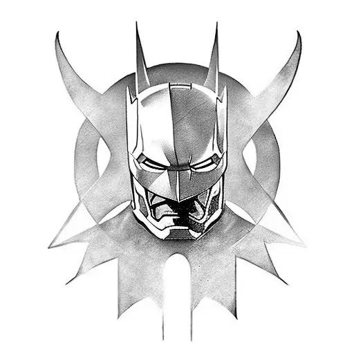 generate tatoo of batman with ironman head, witcher swords on back tattoo design idea