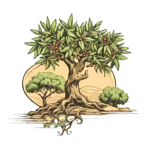 The olive tree, which indicates patience and contentment, extends roots connected to the veins of the hand tattoo design idea