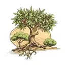 The olive tree, which indicates patience and contentment, extends roots connected to the veins of the hand tattoo design idea