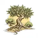 The olive tree, which indicates patience and contentment, extends roots connected to the veins of the hand tattoo design idea