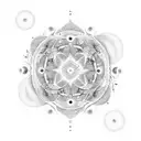 Surrounding the tree and mandala, include swirling cosmic elements like stars, galaxies, and celestial bodies to represe tattoo design idea