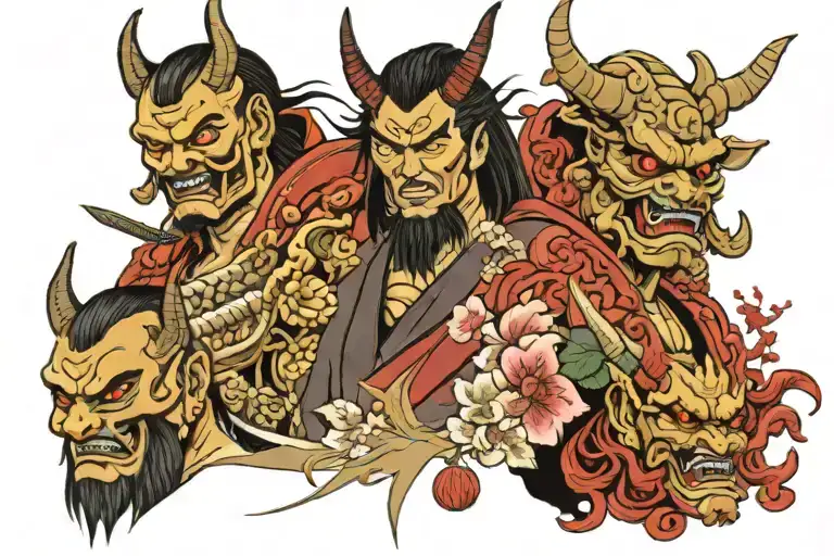 A samurai faces an oni demon they are surrounded by Japanese style decorations with floral and war signs tattoo design idea