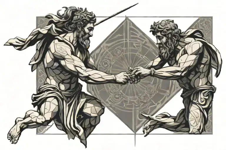 Greek mythology fight with Greek gods on the left facing men on the right tattoo design idea