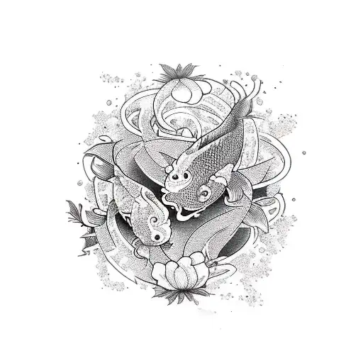 flower pond whit koi fish and traditional flowers ,full neck tatoo tattoo design idea