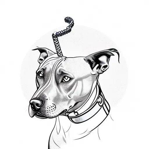 Pitbull head with metallic leash surrounded by arabic looking text tattoo design idea