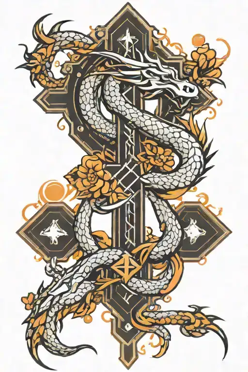 Orthodox Christian cross dragon orange cherry blossoms tattoo design idea